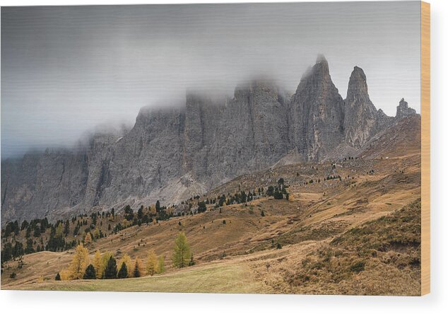 Mood Wood Print featuring the photograph Foggy mountain landscape of the picturesque Dolomites mountains by Michalakis Ppalis