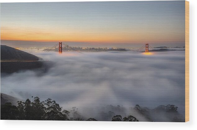 City Wood Print featuring the photograph Ggb Low Fog by Chengming