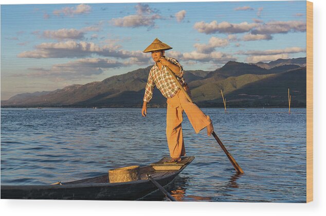 Fisherman Wood Print featuring the photograph Intha fisherman on Lake Inle in Myanmar by Ann Moore