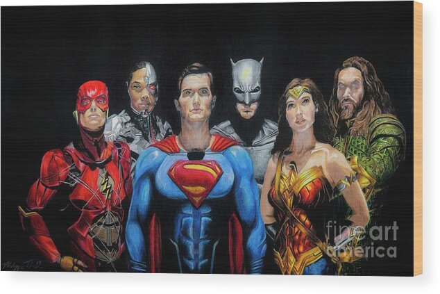 Justice League Wood Print featuring the drawing Justice League by Philippe Thomas