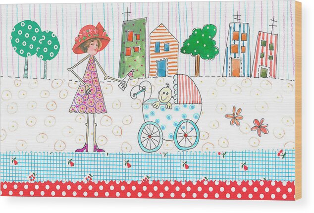 Baby Wood Print featuring the mixed media Lady With Baby In Carriage by Effie Zafiropoulou