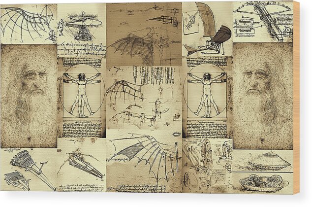 Leonardo Da Vinci Invention Sketches Poster Wood Print By Nenad Cerovic