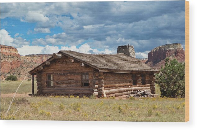 Abiquiu Wood Print featuring the photograph Log cabin at Ghost Ranch, Abiquiu NM by Segura Shaw Photography
