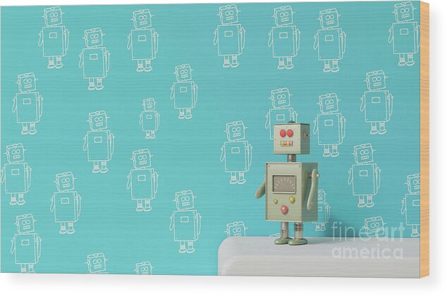 Sideboard Wood Print featuring the digital art Male Robot On Sideboard In Front by Westend61