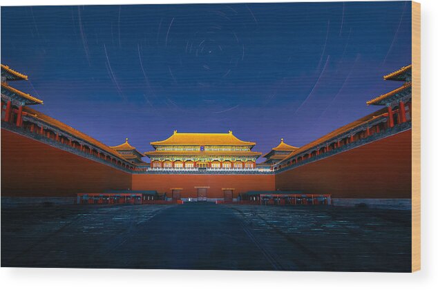 Gate Wood Print featuring the photograph Night View Of The Meridian Gate Of Forbidden City by Hua Zhu