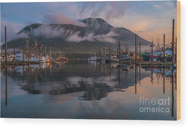 Petersburg Wood Print featuring the photograph Petersburg Alaska Morning Marina Reflection by Mike Reid
