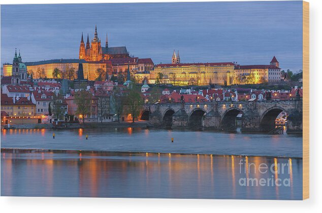 Architecture Wood Print featuring the photograph Prague Castle and Charles Bridge at Twilight by Henk Meijer Photography
