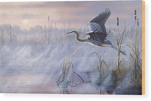 Great Blue Heron Flying Over A Misty Marsh At Sunrise Wood Print featuring the painting Rising Marsh by Wilhelm Goebel