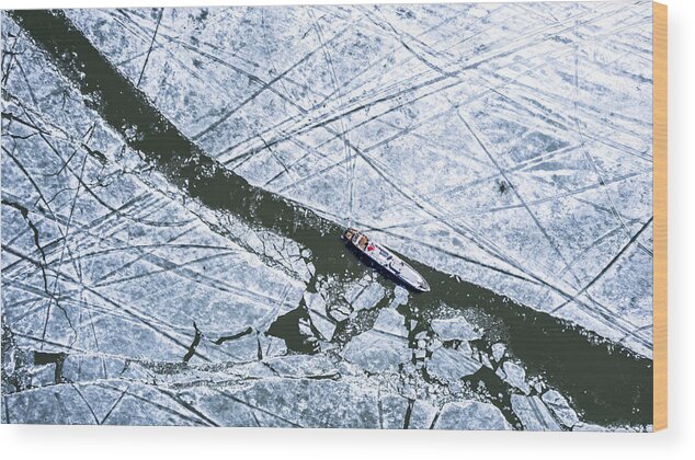 Ship Wood Print featuring the photograph Ship On Icy Lake by Eser Karadag