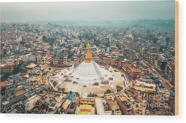 Buddhist Wood Print featuring the photograph Stupa temple Bodhnath Kathmandu, Nepal from air October 12 2018 by Raimond Klavins