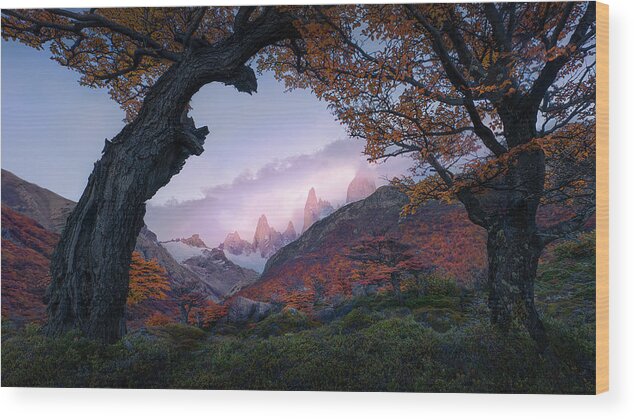 Fitz Roy Wood Print featuring the photograph Sunset From Window by Leah Xu