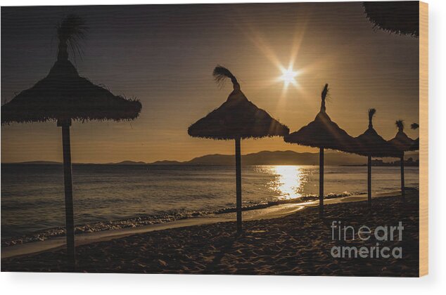 Sunset Wood Print featuring the photograph Sunset on the beach, Mallorca, Spain by Lyl Dil Creations