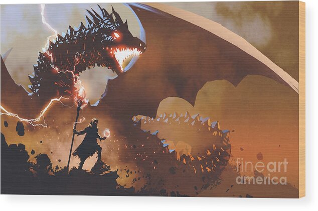 Illustration Wood Print featuring the painting The Dragon Wizard by Tithi Luadthong