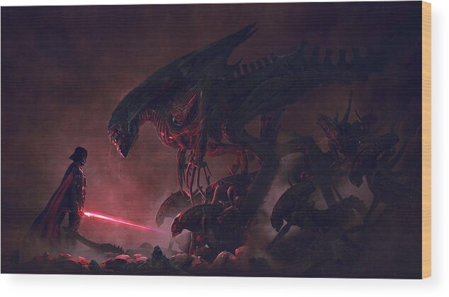 Star Wars Wood Print featuring the digital art Vader vs Aliens 1 by Guillem H Pongiluppi