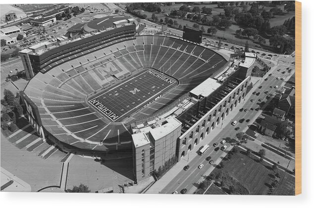 Michigan Football Wood Print featuring the photograph Michigan Stadium overhead in black and white #1 by Eldon McGraw