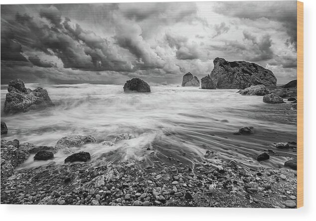 Seascape Wood Print featuring the photograph Seascape with windy waves during storm weather at the a rocky co #3 by Michalakis Ppalis