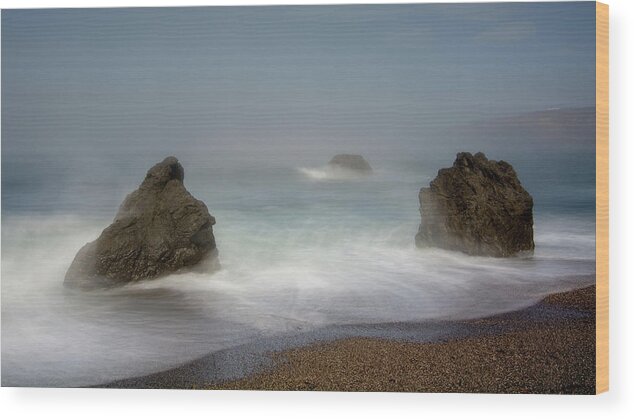 Long Exposure Wood Print featuring the photograph Three rocks in the ocean by Alessandra RC