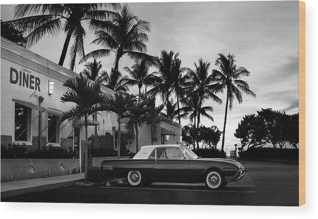 Palms Wood Print featuring the photograph 1950s Diner and T-Bird Bw by Laura Fasulo