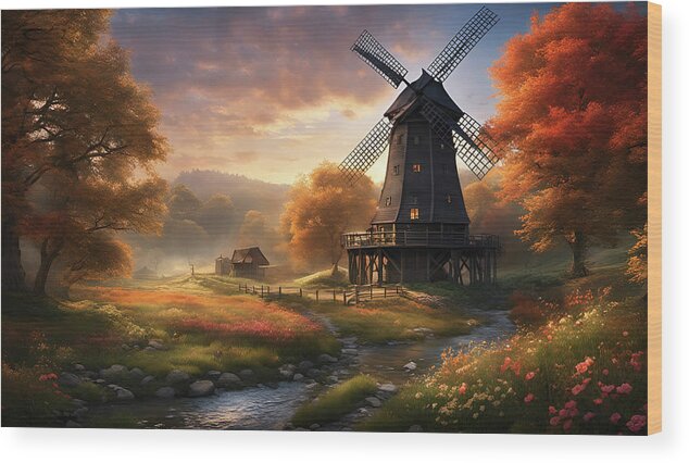 Windmill Wood Print featuring the mixed media 241pg-Fantastical old windmill and lake and garden-1545 by Donald Keith