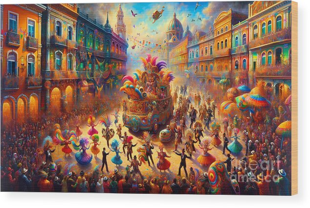 Bustling Wood Print featuring the painting A bustling colorful carnival in a South American city by Jeff Creation