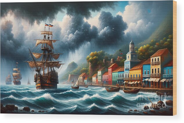 Caribbean Wood Print featuring the painting A bustling port in the Caribbean, with pirate ships and colonial buildings. by Jeff Creation