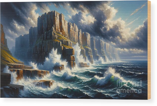 Cliffside Wood Print featuring the painting A dramatic cliffside coastal view with waves crashing against the rocks by Jeff Creation