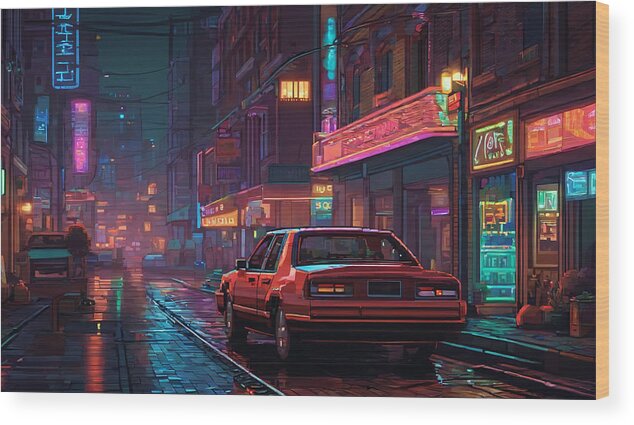 Pixel Wood Print featuring the digital art A night cityscape by Quik Digicon Art Club