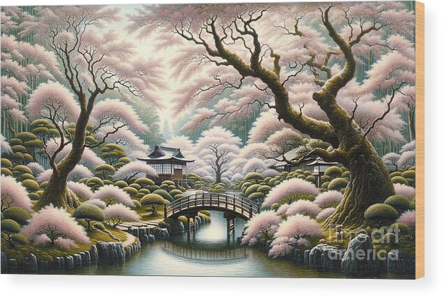 Japanese Garden Wood Print featuring the painting A traditional Japanese garden during cherry blossom season, with a footbridge and tea house. by Jeff Creation
