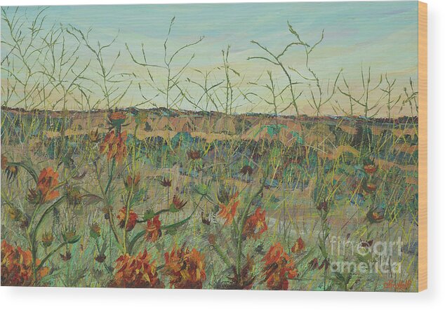 Popular Photo Wood Print featuring the painting A view of the Besor landscape through thorns by Ofra Wolf