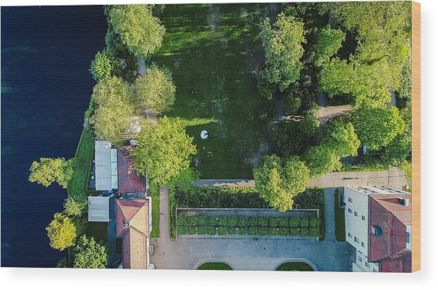 Berlin Wood Print featuring the photograph Aerial Drone Shot of a Wedding Party Standing in the Grounds of a Picturesque Building in Berlin, Germany Summertime by Morten Falch Sortland