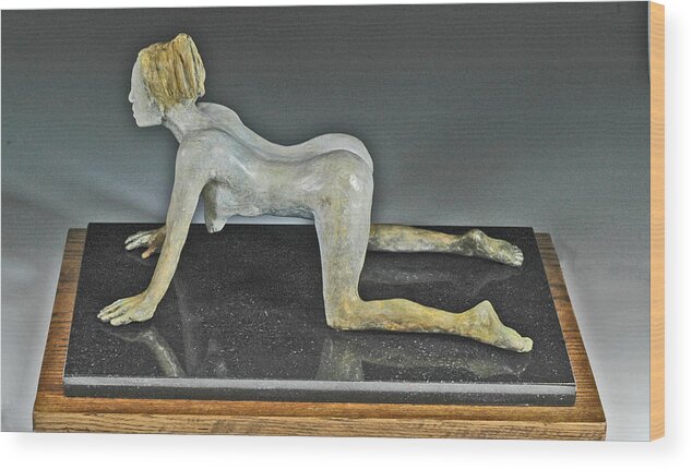 Kneeling Female Nude Wood Print featuring the sculpture After the Sphynx by Eduardo Gomez