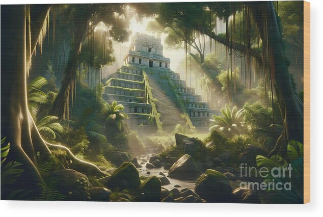 Mayan Wood Print featuring the digital art Ancient Mayan Ruins, The mysterious ruins of a Mayan temple in the jungle by Jeff Creation