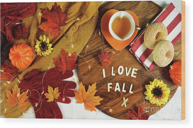 Autumn Wood Print featuring the photograph Autumn Fall theme flatlay with cozy sweater, bagels and cups of herbal tea. by Milleflore Images