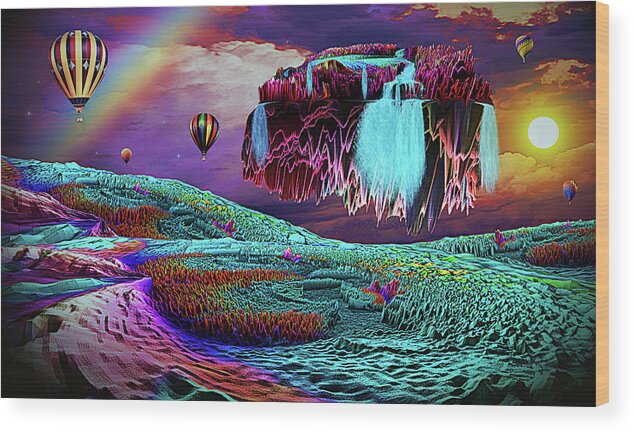 Art Wood Print featuring the digital art Balloon Adventure Over Neverend Isle by Artful Oasis
