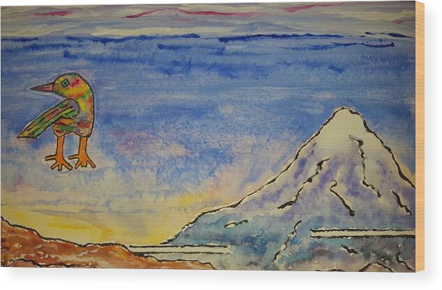 Watercolor Wood Print featuring the painting Bird and Mountain by John Klobucher