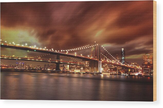 America Architecture Bridge Wood Print featuring the photograph Brooklyn Bridge Clouded Sky by Montez Kerr