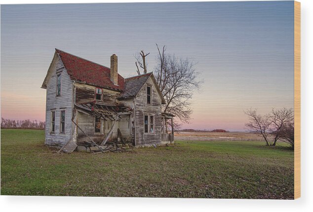 Nd Wood Print featuring the photograph Bygone - Sunset on an abandoned ND Farm homestead by Peter Herman