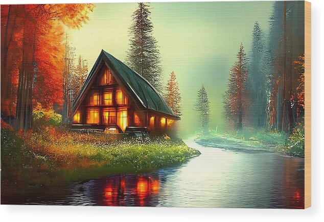 Digital Wood Print featuring the digital art Cabin on a River by Beverly Read
