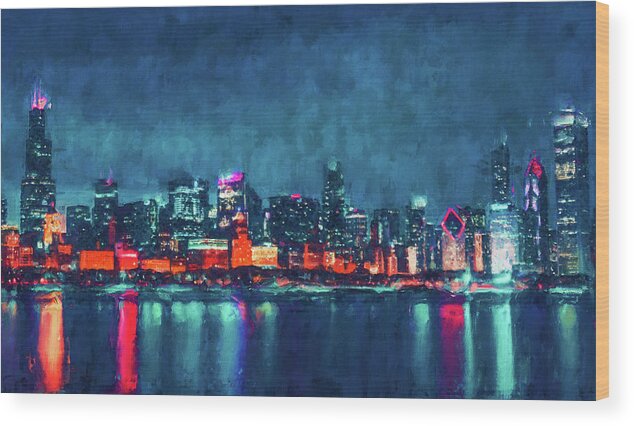 Chicago Wood Print featuring the painting Chicago Panorama - 28 by AM FineArtPrints