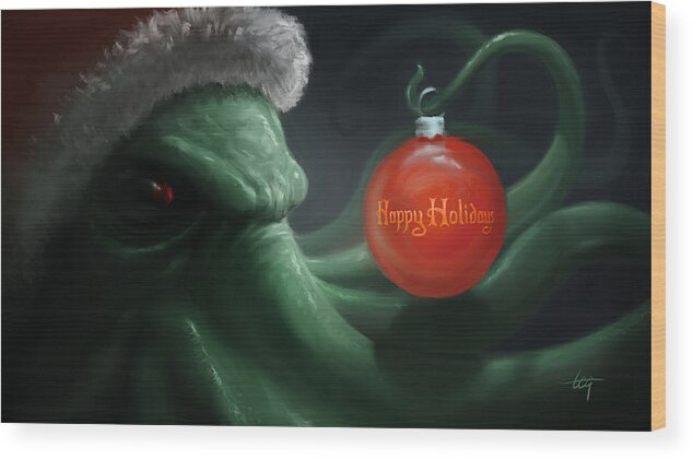Cthulhu Wood Print featuring the painting Cthulhu Claus - Happy Holidays by Tom Gehrke