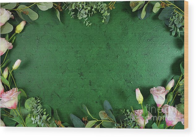 Dark Green Wood Print featuring the photograph Dark green aesthetic nature theme creative layout flat lay background. by Milleflore Images