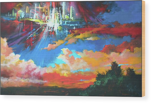 Surreal Wood Print featuring the painting Descent of New Jerusalem by Pat Wagner