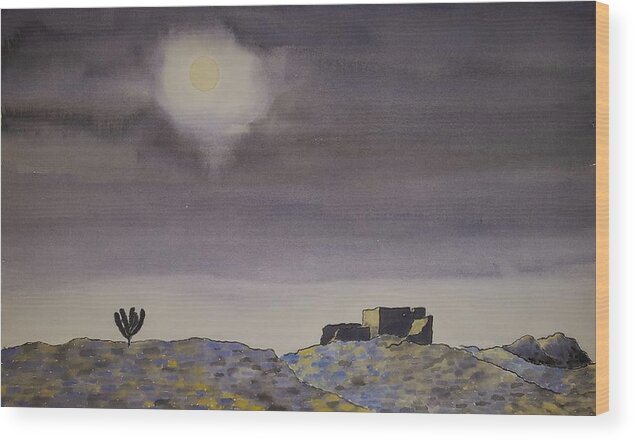 Watercolor Wood Print featuring the painting Desert Nightscape by John Klobucher