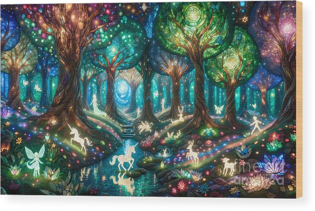 Enchanted Wood Print featuring the digital art Enchanted Forest Scene, A magical forest with glowing trees and fairytale creatures by Jeff Creation