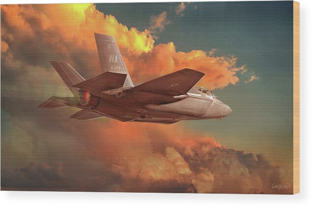 F-35 Wood Print featuring the digital art F-35 jet fighter skirting sunset thunderhead by James Vaughan