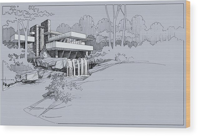 Fallingwater Wood Print featuring the drawing Fallingwater in Blue by Larry Hunter