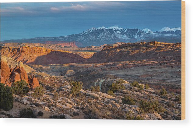 Arches National Park Wood Print featuring the photograph Fiery Furnace and La Sal Mountains at Sunset by Andy Konieczny