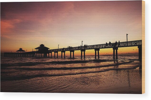 Sunset Wood Print featuring the digital art Fort Myers Beach Pier at sunset by Andrew West