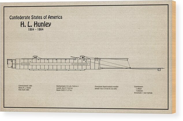 Hunley Wood Print featuring the digital art H. L. Hunley submarine. Blueprint plans - SD by SP JE Art