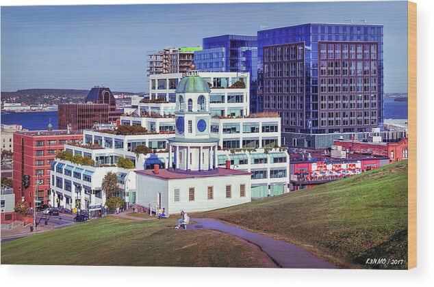 Architecture Wood Print featuring the photograph Halifax Town Clock and Halifax Skyline by Ken Morris